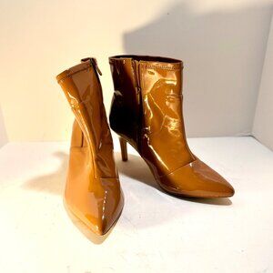 Tan 10.5WW Torrid Patent Leather Ankle Boots With Pointed Toe & Stiletto Heel